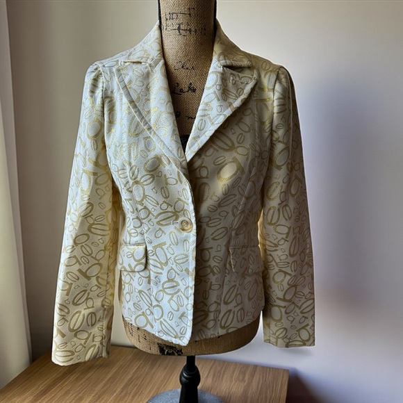 Bebe Embossed Logo Cropped Light Gold Brocade Jacket - Picture 1 of 10